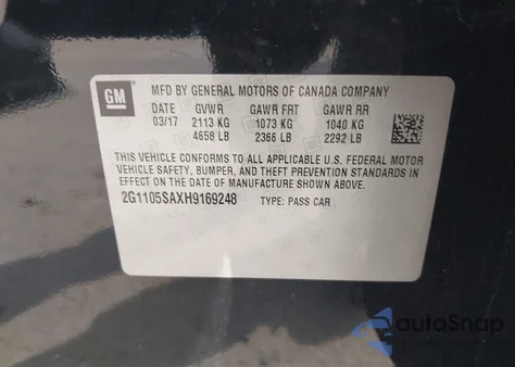 2017 Chevrolet Impala 1Lt from USA, damaged, VIN 2G1105SAXH9169248